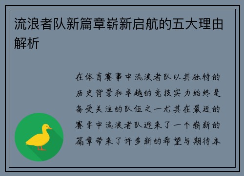 流浪者队新篇章崭新启航的五大理由解析